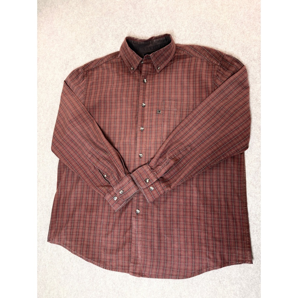 Guide Series Mens Large Plaid Button Down Shirt Red Brown Long Sleeve Cotton